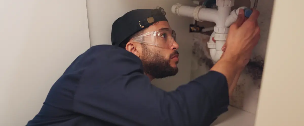 A plumber works on a sink as part of the plumbing services Reading Plumbing has to offer