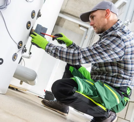 A member of Reading Plumbing finishes up installation of a residential water heater