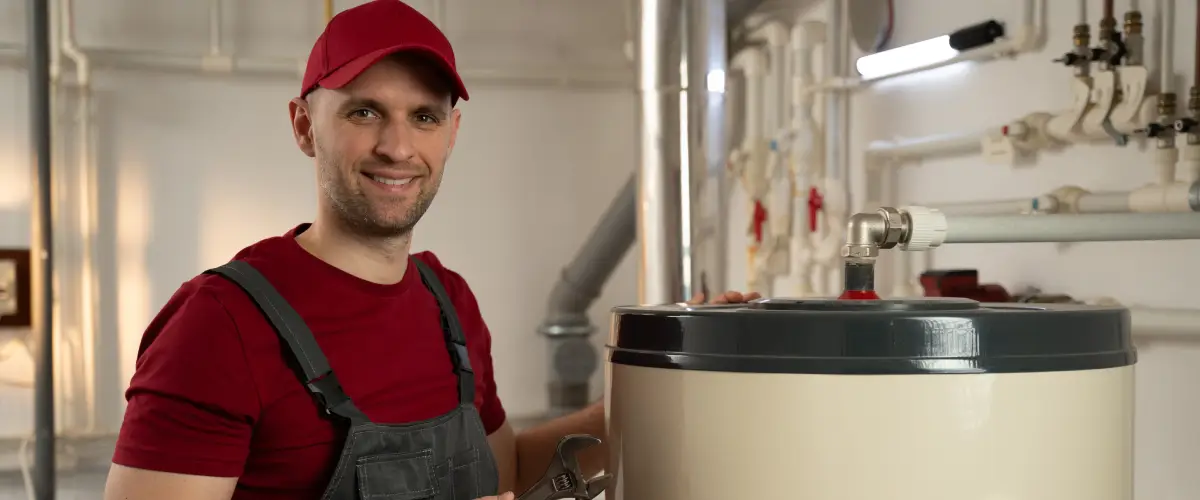 A plumber from Reading Plumbing begins repairing a water heating as part of the plumbing services they offer