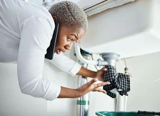 A woman with a leak in her kitchen sink calls for a plumber in East Peoria IL